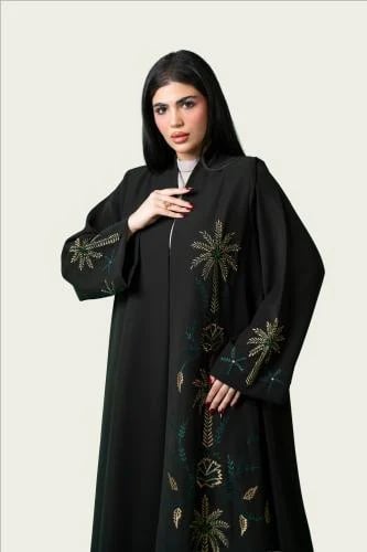 عباية اليوم الوطني كريب زيتي تطريز المدينة المنورة