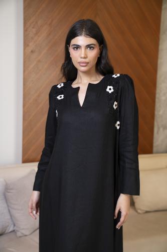 جلابية لنن اسود كم بف شك ع الكتف