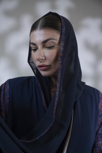 عباية كريب قيطان كم مربع قطن مشجر كحلي