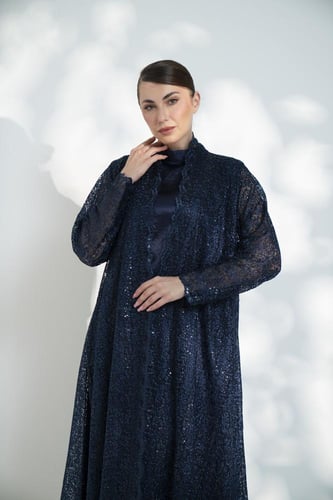 جلابية تل مطرز بفستان كوله كحلي