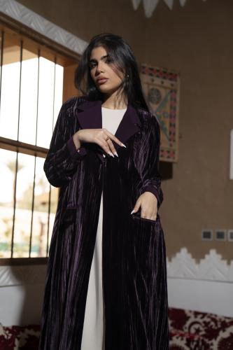 عباية بالطو مخمل مكسر بكريب (موف - زيتي )