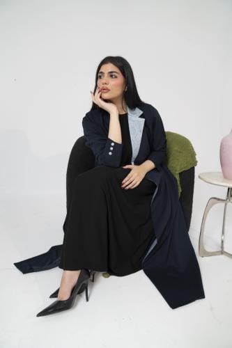 عباية كتان كحلي ياقة بالطو تفته سماوي