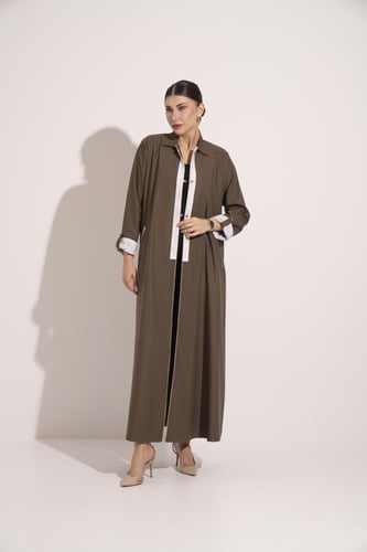 عبايه كتان قلاب وجيوب تحديد قيطان ترابي