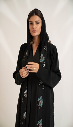 عبايه كريب ياقه مطرز تركواز اسود