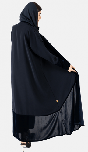 عبايه كريب اكمام وياقه واسفل مخمل -كحلي