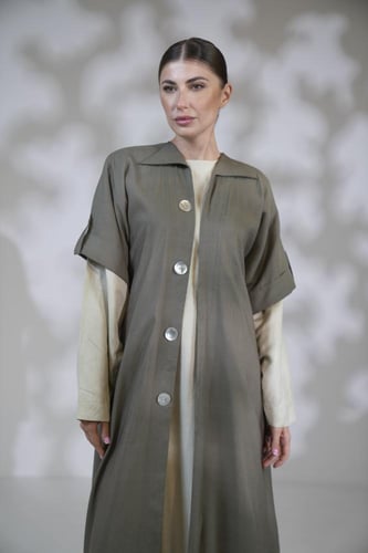 عباية لنن فستان بيج غامق وجاكيت كم حاير مربع -بيج...