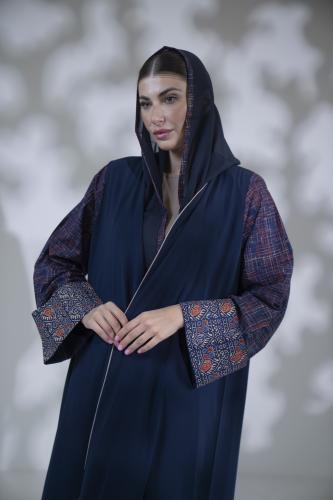 عباية كريب قيطان كم مربع قطن مشجر كحلي