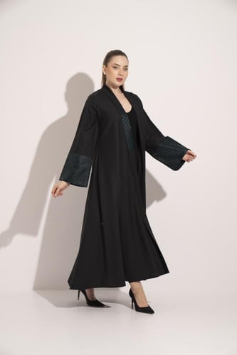 عباية كتان اسوره وياقه تفته اخضر اسود