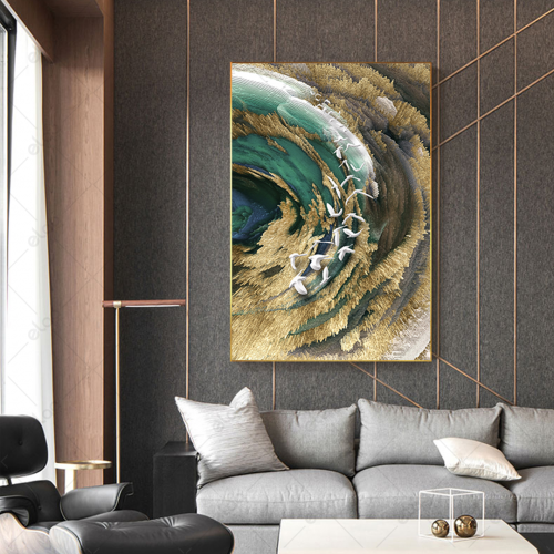 لوحة فن تجريدي بحر وجبال وطيور بدرجات البني والترك...