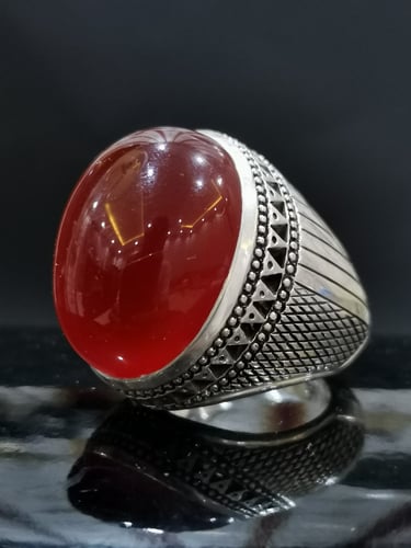خاتم الفضة بحجر عقيق خرساني ايراني أحمر بصياغة الخ...