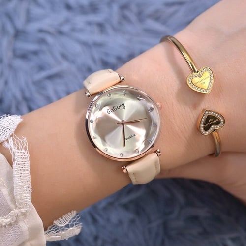 ساعة نسائية كوارتز أنيقة بحزام جلد عالي الجودة لون...