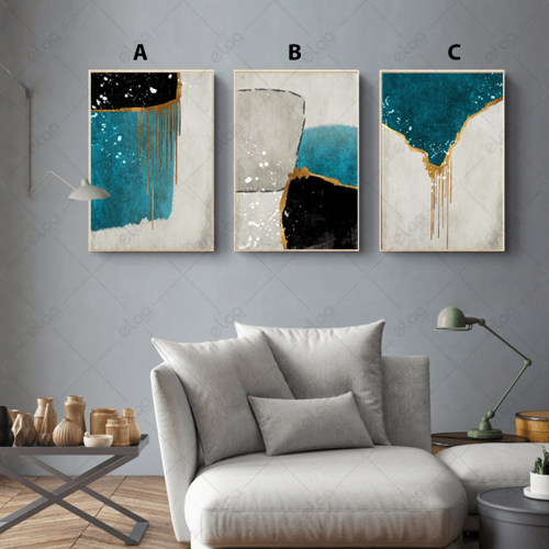 لوحات فن تجريدي بخليط من الالوان ذهبي و تركواز وأس...