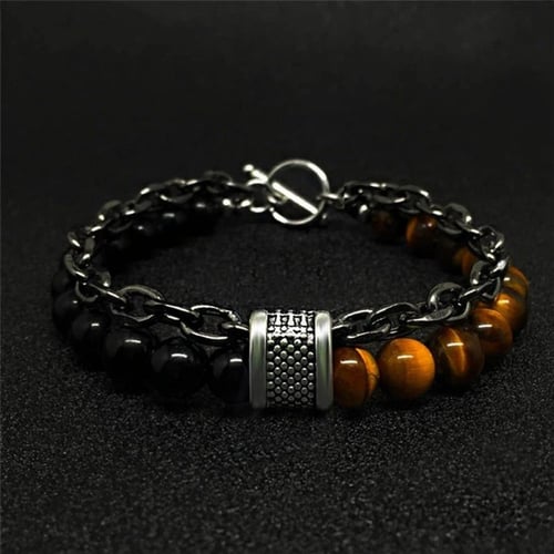 سوار رجالي ماركة خرز وستيل لون اسود و بني