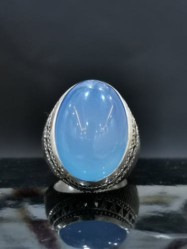 خاتم الفضة بحجر عقيق خرساني ايراني أزرق بصياغة الخ...