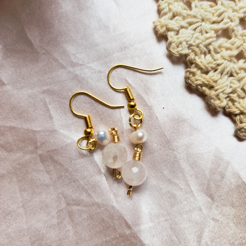 Rose Quartz x Freshwater Pearls 18K Gold Plated Ea...