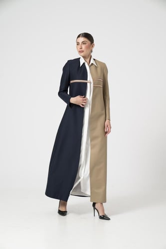 كحلي غامق مع البيج الفاتح بخامة كتان خفيف