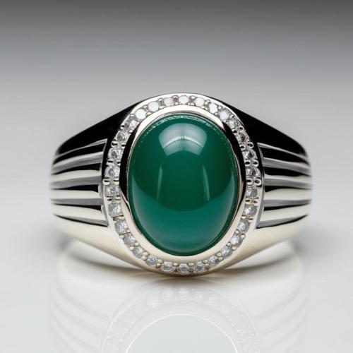 خاتم فضة رجالي حجر عقيق أخضر مع الماس