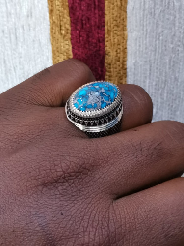 خاتم الفضة بحجر فيروز نيشابوري ايراني بصياغة عباسي...