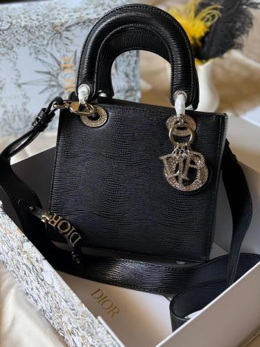 Lady Dior Textured Leather Bag Black 20cm