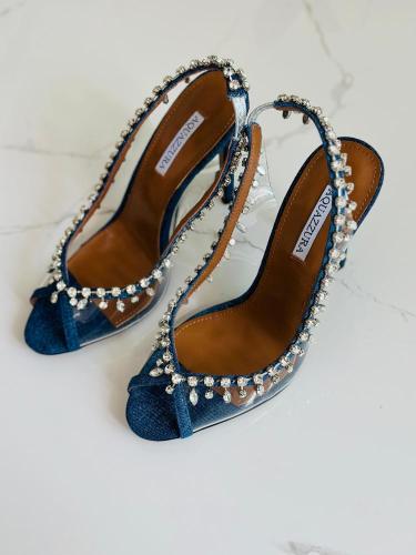 AQUAZZURA Crystal Trim Denim High Heel Sandals