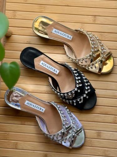 Aquazzura Crystal Embellished Slide Sandals – Gold...