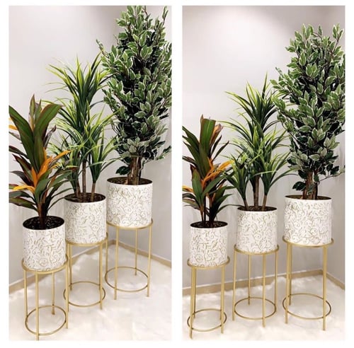 طقم من المراكن معدنيه ابيض وذهبي مع استاند ذهبي