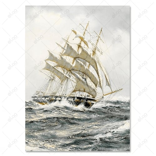 لوحات منظر طبيعي قارب بالبحر وسط الموج