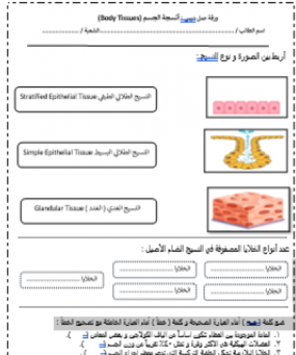 ورقة عمل درس : علم الأنسجة
