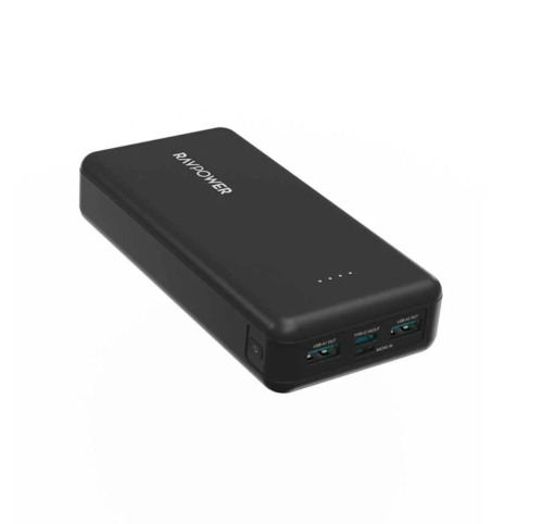 RAVPower battery 20000 mAh with 15-watt power, two USB ports, Type-C port, and Micro port