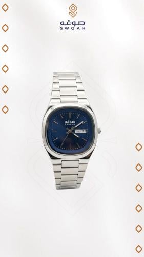 ساعة ازرق بسوار معدني فضى