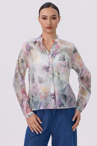بلوزة شفافة بطبعة زهور فاتحه وأكمام طويلة | Prando