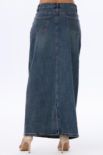 تنورة جينز طويلة بلون أزرق داكن