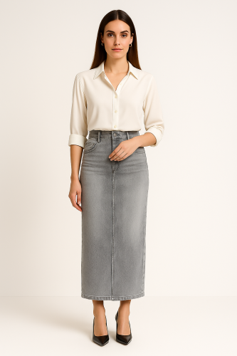 تنورة جينز طويلة بخصر مرتفع