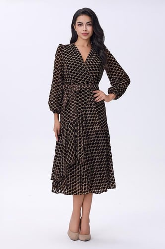 فستان بني بطبعة هندسية وحزام خصر