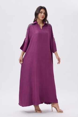 جلابية كتان بنفسجي مع كريستال على الكتف