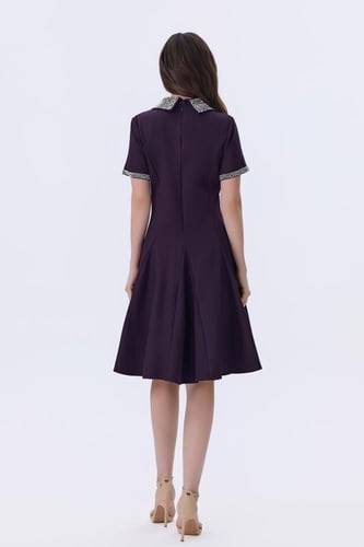 فستان بنفسجي قصير بياقة مزخرفة أنيقة وأكمام قصيرة...