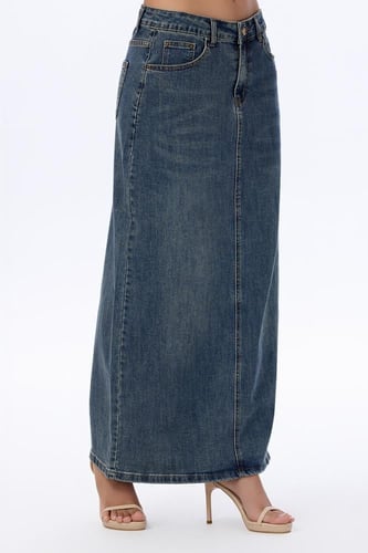 تنورة جينز طويلة بلون أزرق داكن