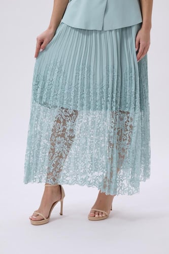 طقم تركوازي أنيق بلوزة وتنورة ميدي بكسرات | Prando