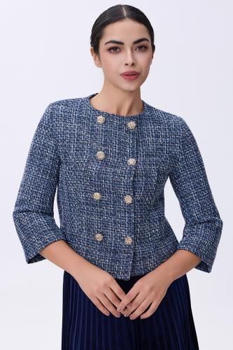 جاكيت تويد أزرق بأزرار ذهبية مزدوجة