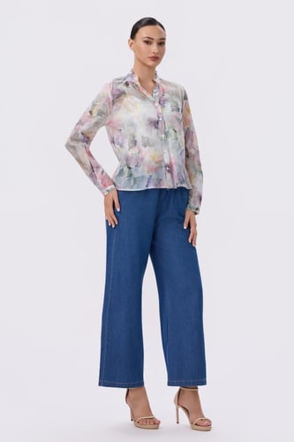 بلوزة شفافة بطبعة زهور فاتحه وأكمام طويلة | Prando