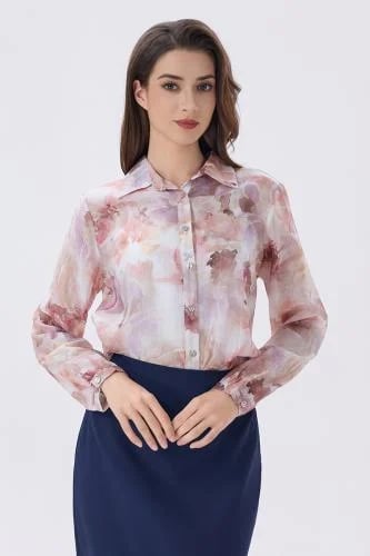 بلوزة وردية بطبعة مائية نسائية