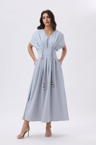 فستان ميدي أخضر فاتح بقصة كورسيه