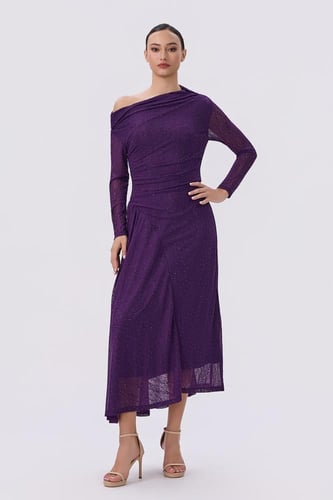 فستان ميدي بنفسجي كتف واحد | فستان سهرة أنيق