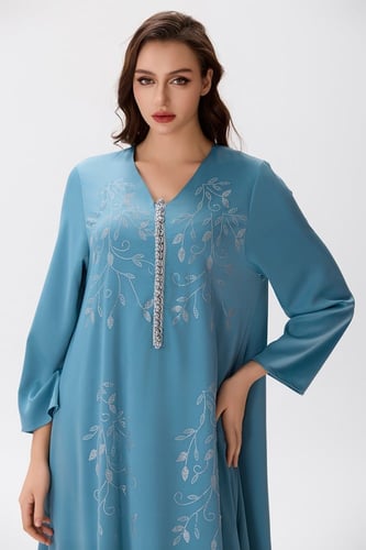 جلابية ستان ازرق بترولي مع إكسسوار