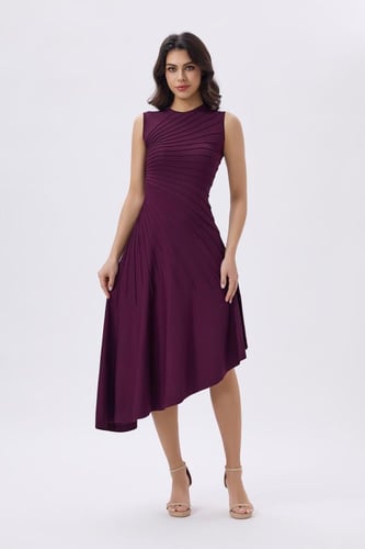 فستان بنفسجي صوف ناعم بقصة غير متماثلة