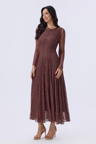 فستان دانتيل بني ميدي بأكمام طويلة وقصة أنثوية | P...