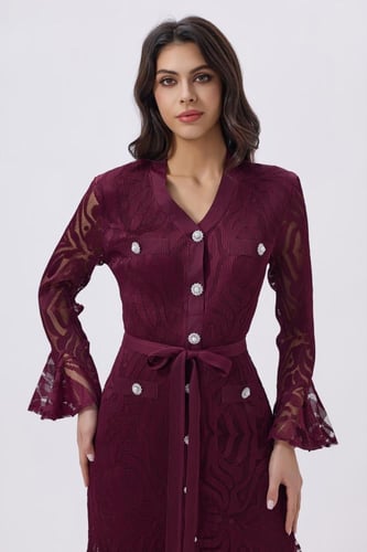 فستان ماكسي دانتيل عنابي أنيق