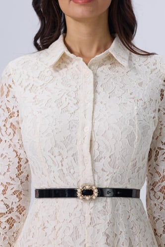 فستان دانتيل أبيض ميدي بياقة قميص وحزام أنيق | Pra...