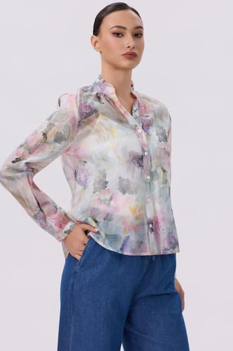 بلوزة شفافة بطبعة زهور فاتحه وأكمام طويلة | Prando