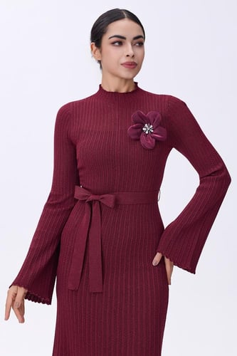 فستان شتوي عنابي استرتش